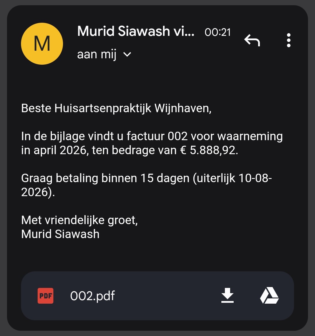 De factuurmail zoals de praktijk hem ontvangt: nette begeleidende tekst met de PDF als bijlage