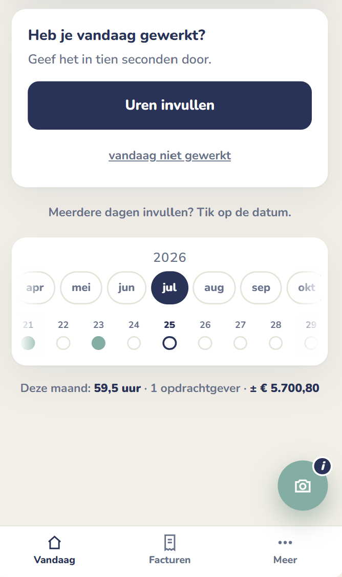 Startscherm: gewerkte dagen deze maand en het maandtotaal voor De Haven